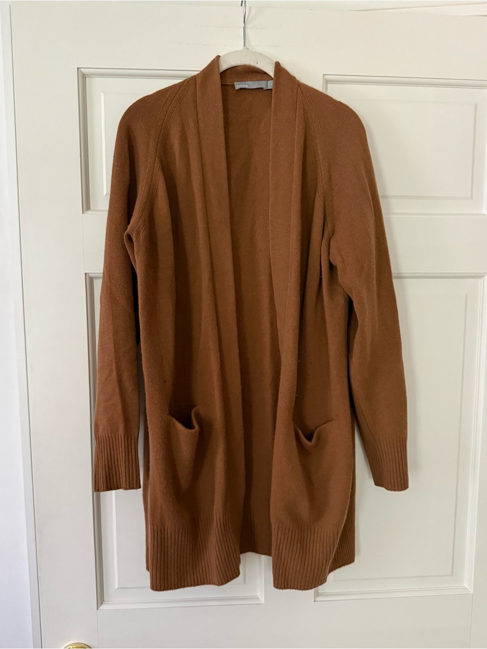 Vince 100% Cashmere Open-Front Longline Pocket Cardigan - Camel